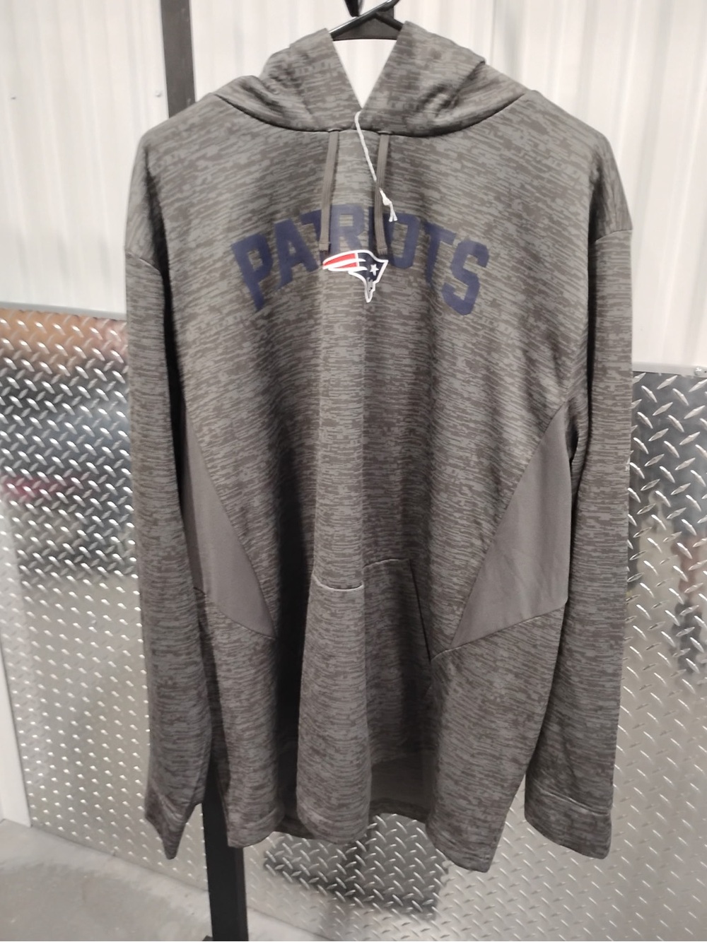 Majestic Patriots Gray Hooded Sweatshirt with Navy Logo